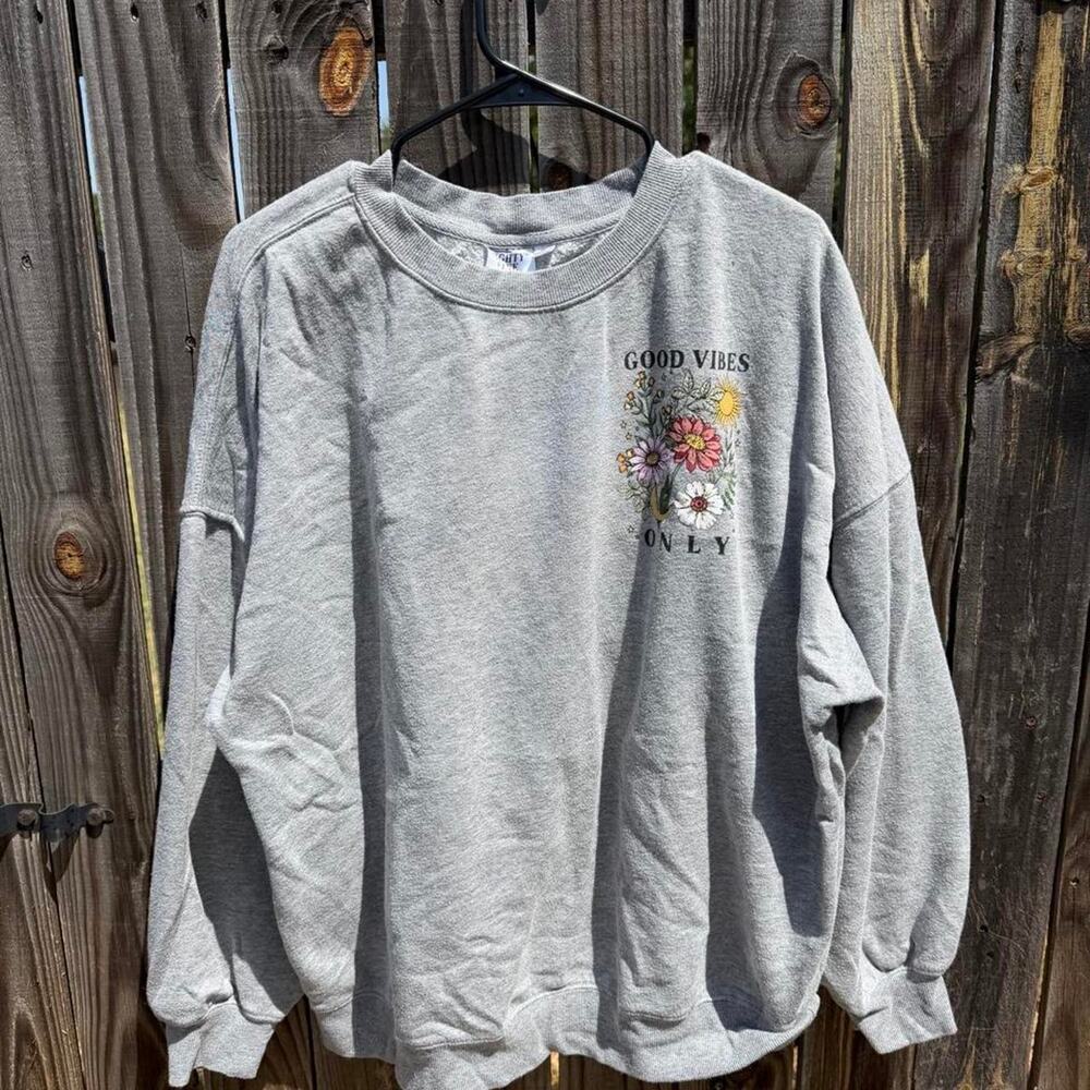Mighty Fine "Good Vibes Only" Floral Graphic Oversized Sweatshirt Heather Gray